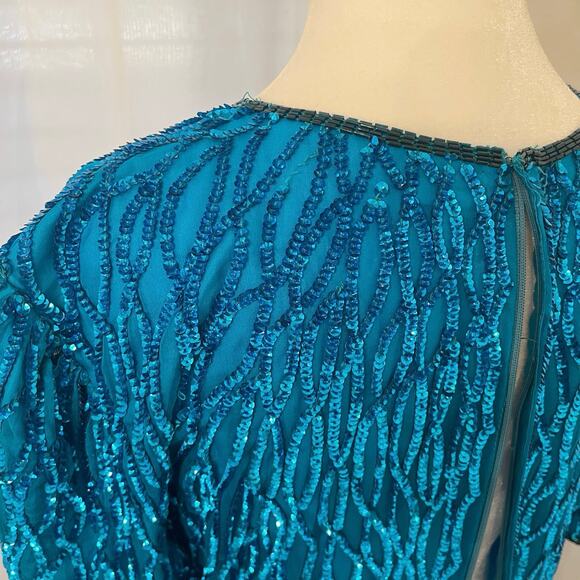 Vintage Laurence Kazar Sequin Sheath Dress L Silk Blue Beaded Party Costume 80s - Picture 11 of 16